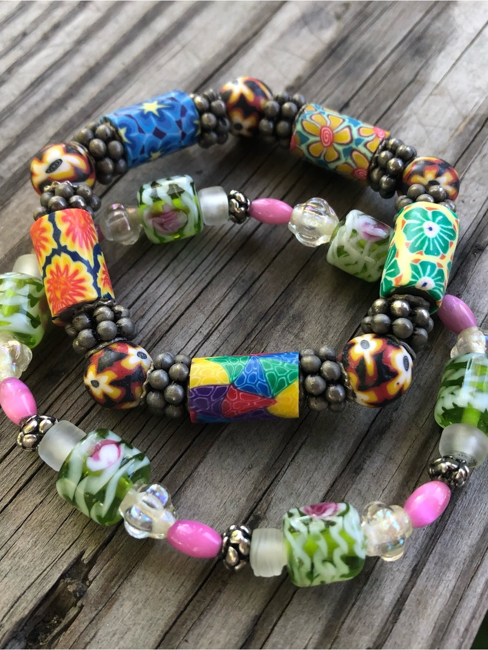 Vintage Set of Multicolor Floral Millefiori Bead Stretch Bracelets
